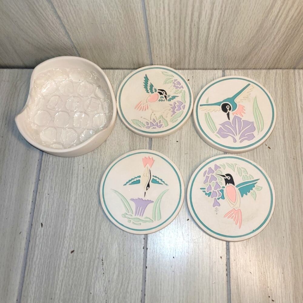 Vtg Southwestern Hummingbird Ceramic Coaster Set Of 4 NWOT Coastal Boho